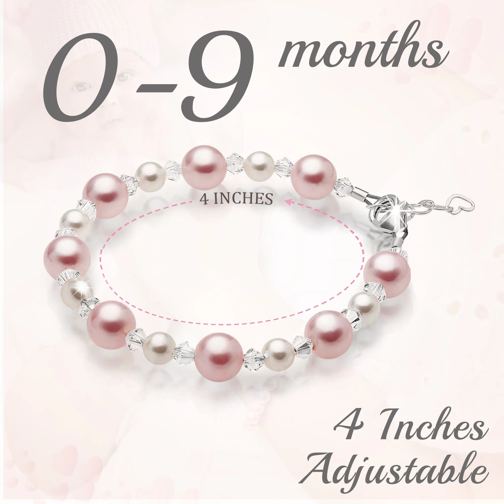 NewBorn Baby Girl Bracelet with Pink & White Pearls & Clear Crystals