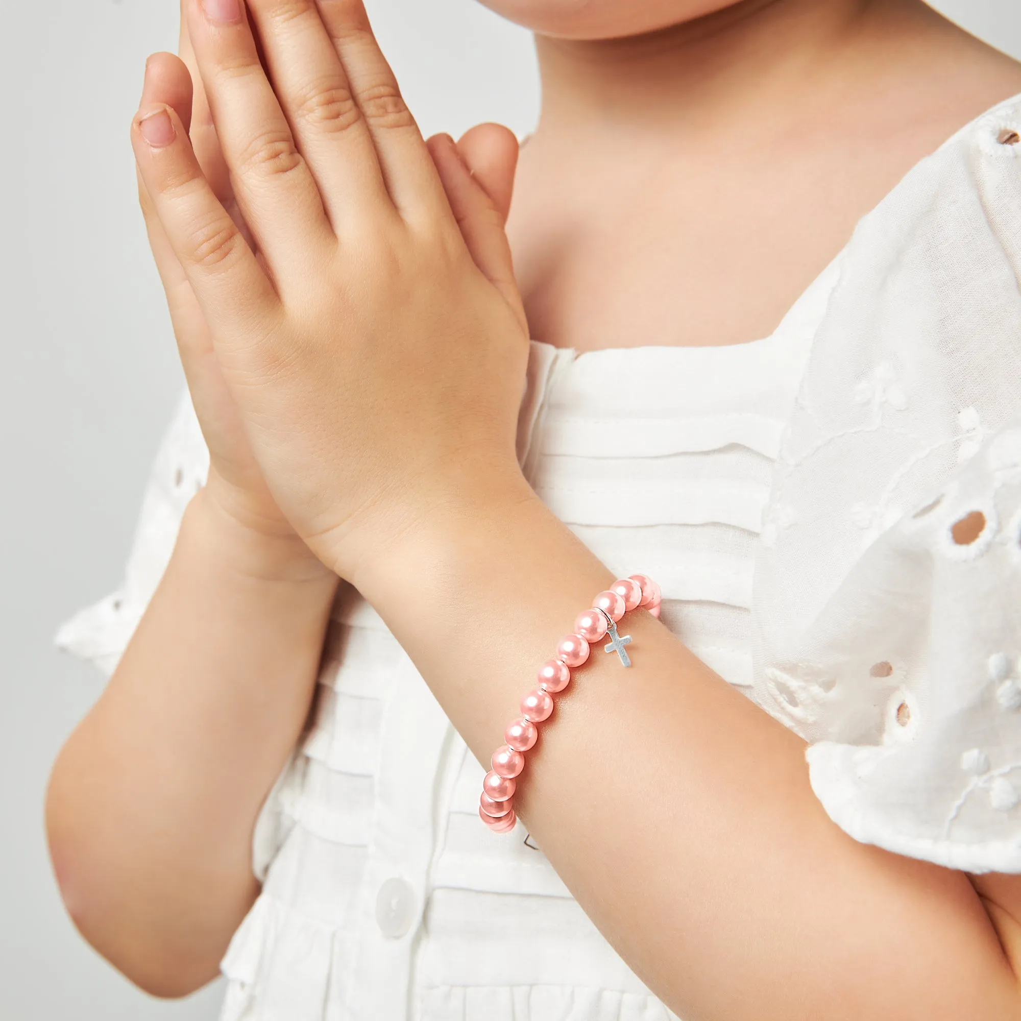 Newborn Baby Girl Sterling Silver Cross Baptism & Christening Pink Pearl Bracelet