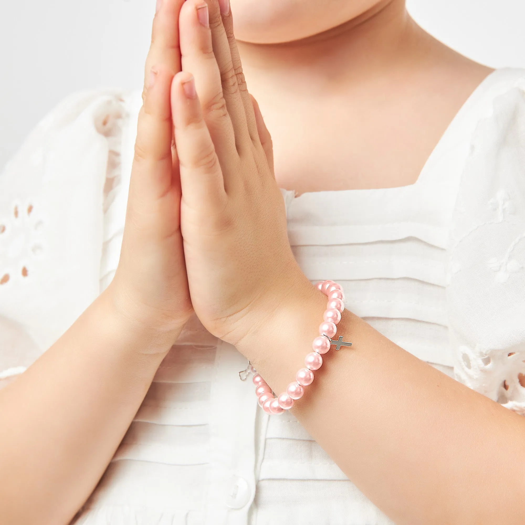 Newborn Baby Girl Sterling Silver Cross Baptism & Christening Pink Pearl Bracelet