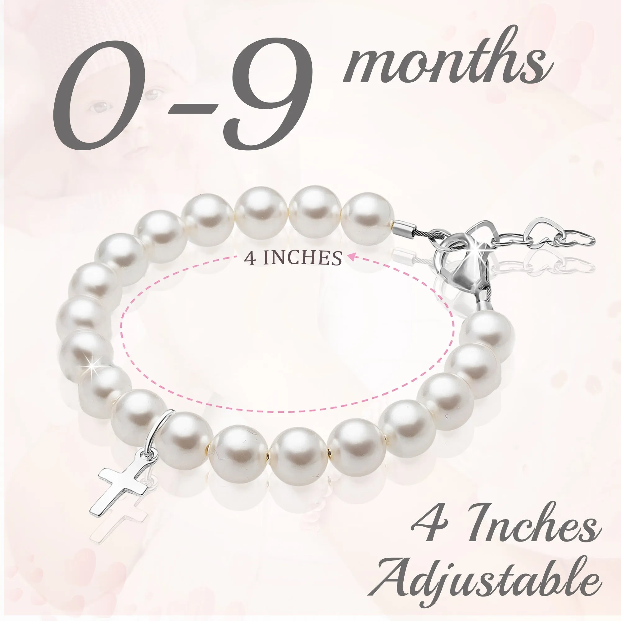 Newborn Baby Sterling Silver Cross Baptism & Christening White Pearl Bracelet