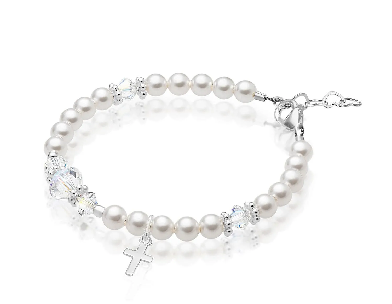 Newborn Baby Sterling Silver Cross Baptism Pearl Bracelet White Pearl Clear Crystals