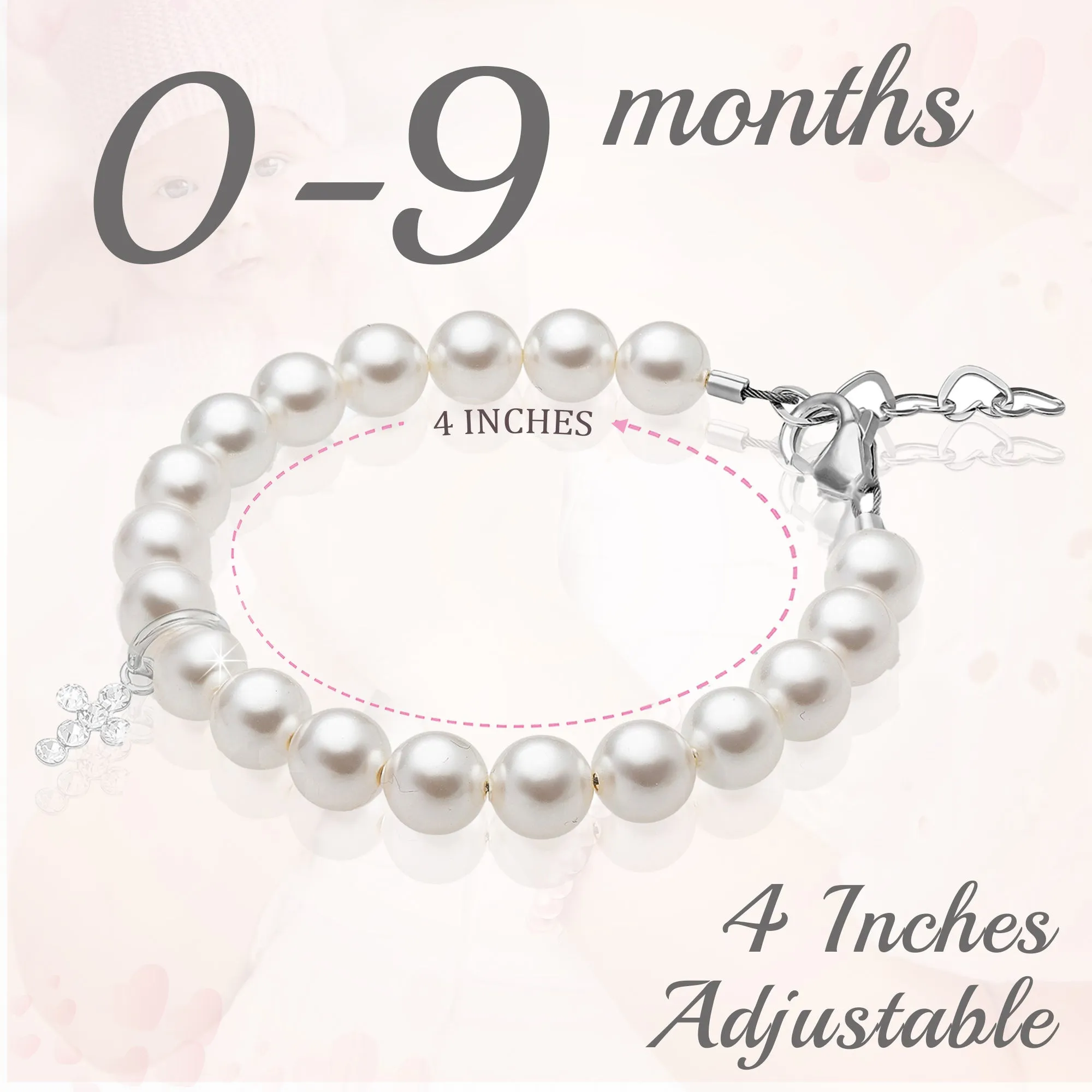 Newborn Baby Sterling Silver Crystal Cross White Pearl Bracelet