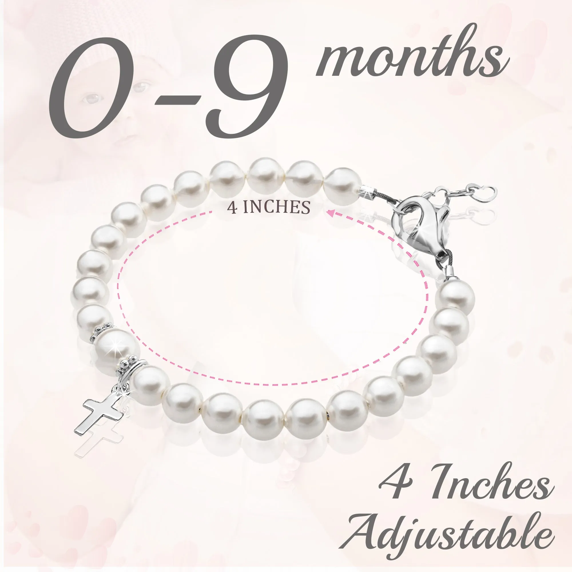 Newborn Baby White Pearl Bracelet Baptism & Christening Sterling Silver Cross Charm