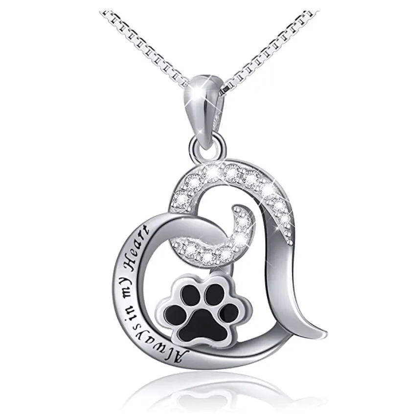 Paw Print Heart Pendant Love Puppy Dog Necklace Jewelry Dog Chain Birthday Gift Simulated Diamond 925 Sterling Silver 18in.