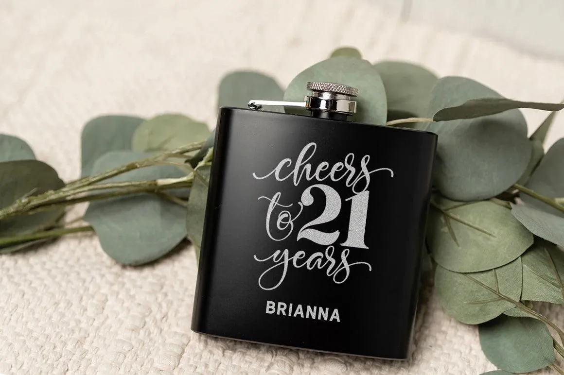 Personalized Cheers To Years Birthday Matte Black Flask