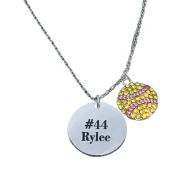 Personalized Engraved Softball Rhinestone Necklace