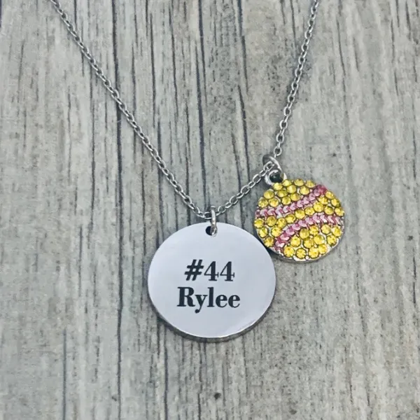 Personalized Engraved Softball Rhinestone Necklace