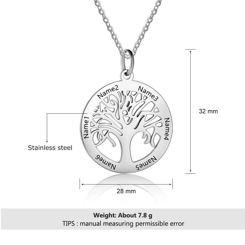 Personalized Stainless Steel Tree Of Life Names Engraved Pendant Necklace, Fashion Jewelry Gift for Mom