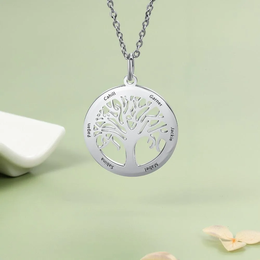 Personalized Stainless Steel Tree Of Life Names Engraved Pendant Necklace, Fashion Jewelry Gift for Mom