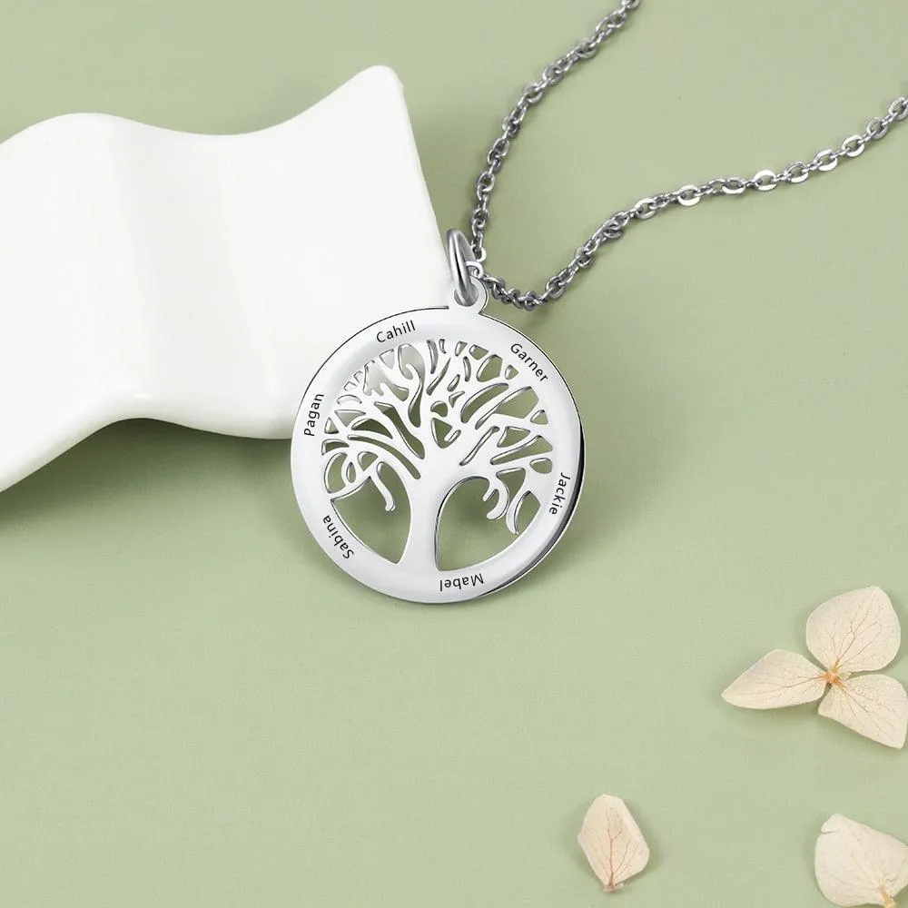 Personalized Stainless Steel Tree Of Life Names Engraved Pendant Necklace, Fashion Jewelry Gift for Mom