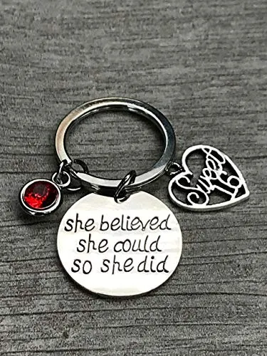 Personalized Sweet 16 She Believed She Could So She Did Charm Keychain with Birthstone