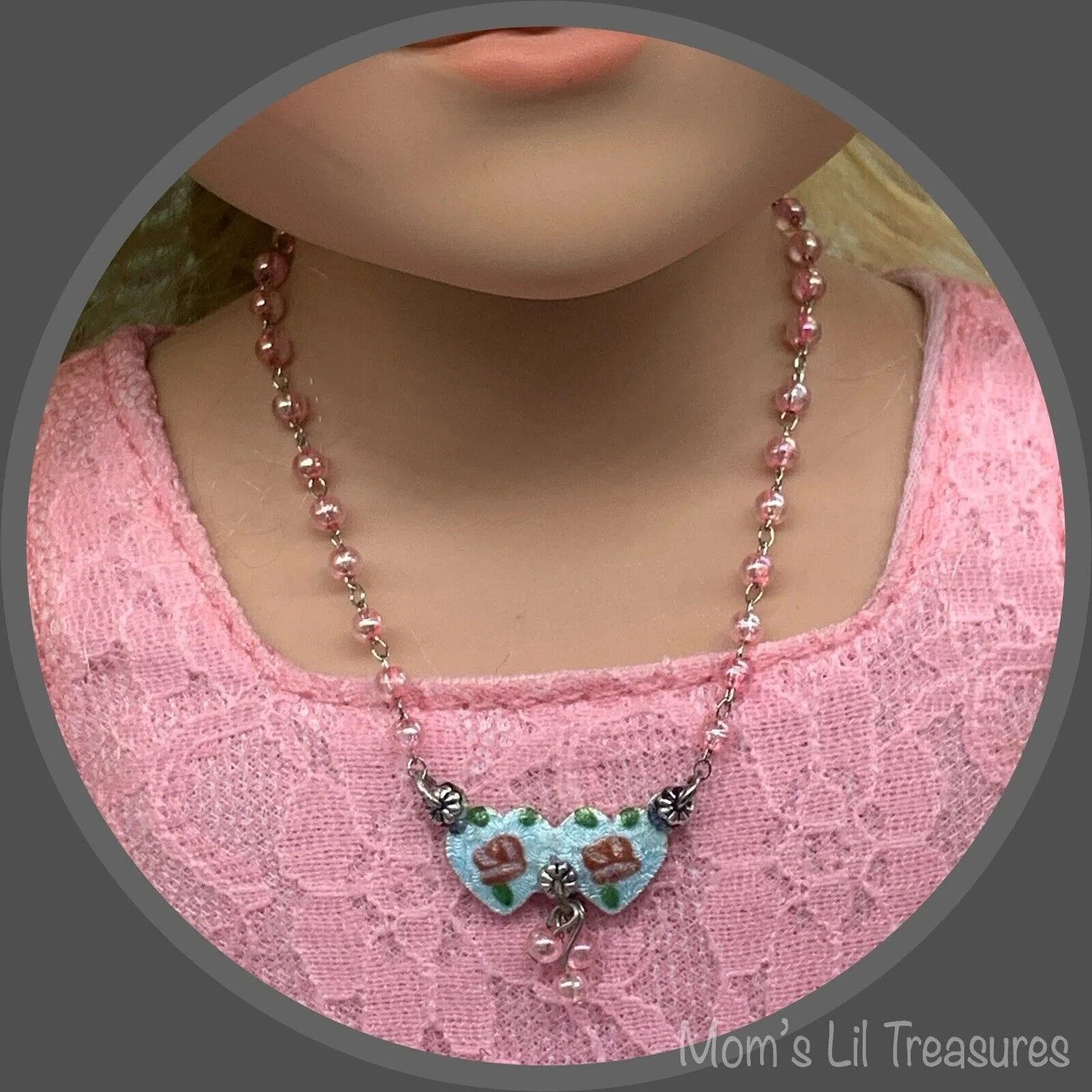 Pink Bead Blue Heart Rose Design Pendant Doll Necklace 18 Inch Doll Jewelry