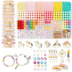 SANNIDHI® Clay Beads for Jewellery Making Kit Kids Girls Macaron Color Pastel Pearl Round Beads Letter Beads with Unicorn Pendants, Crystal Star Flower Hair Beads for Bracelet Making DIY Crafts