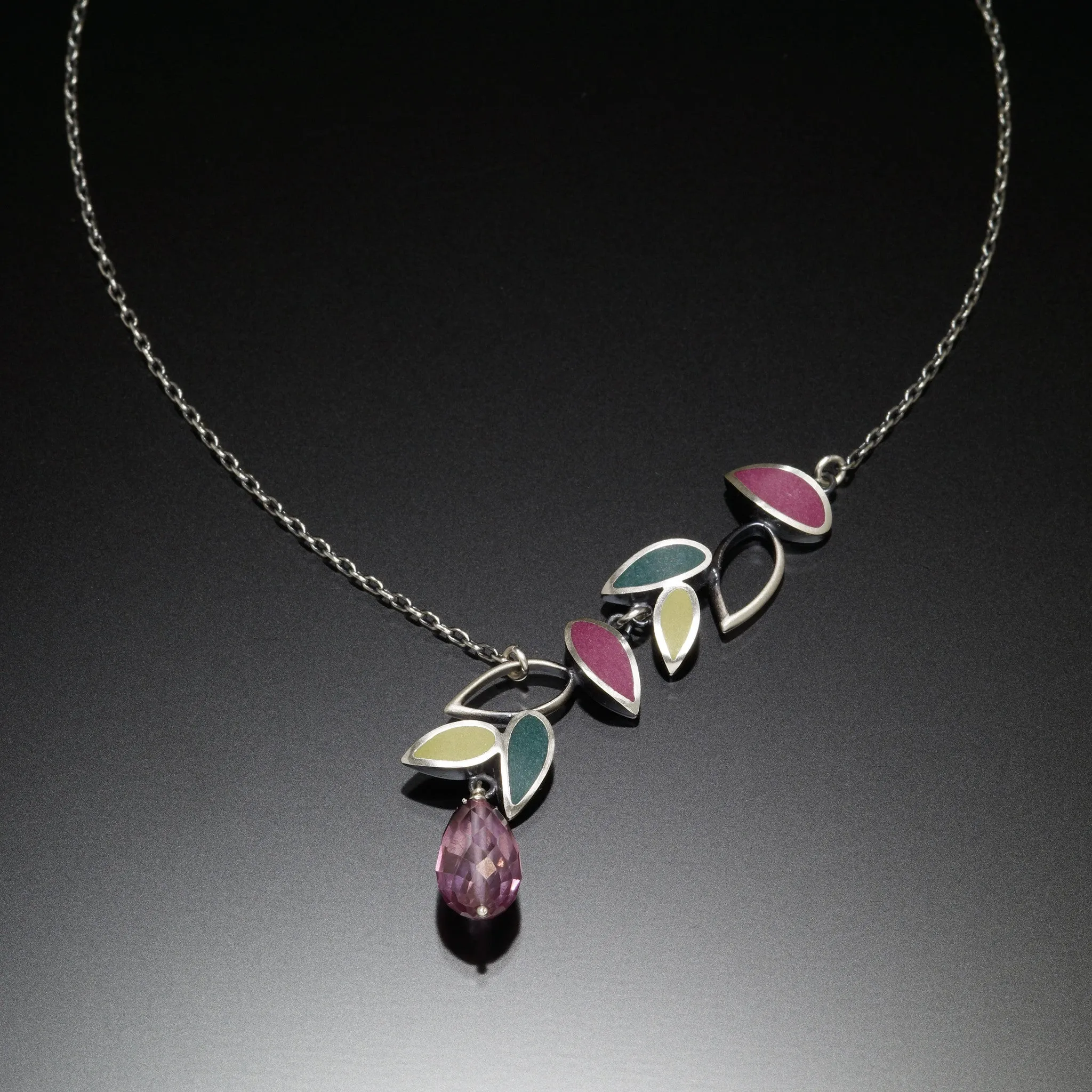 Silver falling leaf necklace with color inlays by Susan Kinzig