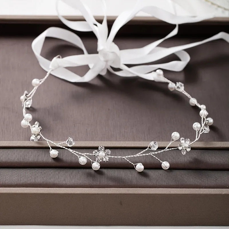 Silvery faux pearl hair wreath for brides and flower girls