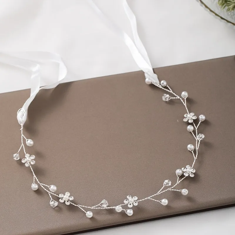 Silvery faux pearl hair wreath for brides and flower girls