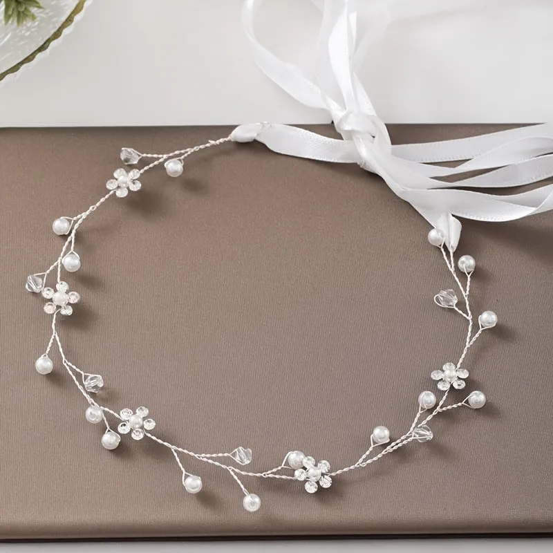 Silvery faux pearl hair wreath for brides and flower girls