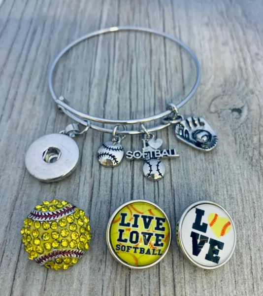 Softball Interchangeable Snap Charm Bangle Bracelet