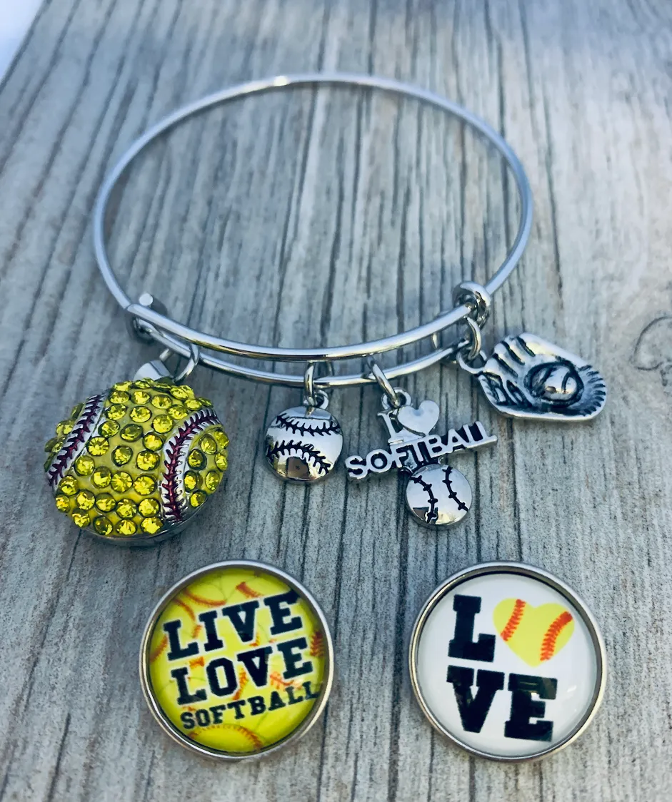 Softball Interchangeable Snap Charm Bangle Bracelet