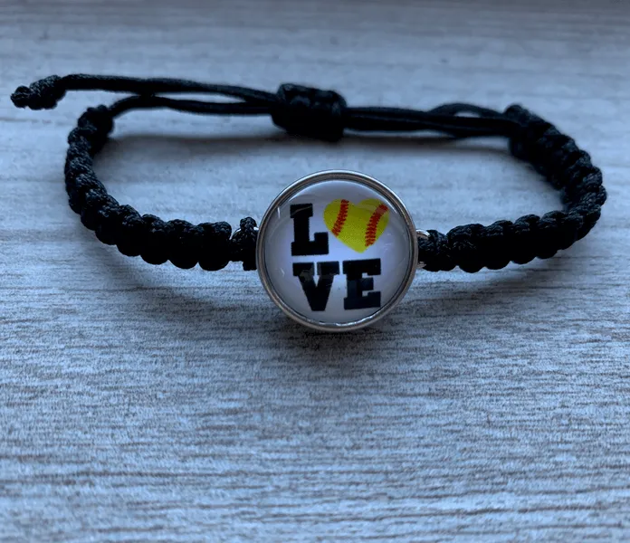 Softball Love Adjustable Snap Charm Rope Bracelet