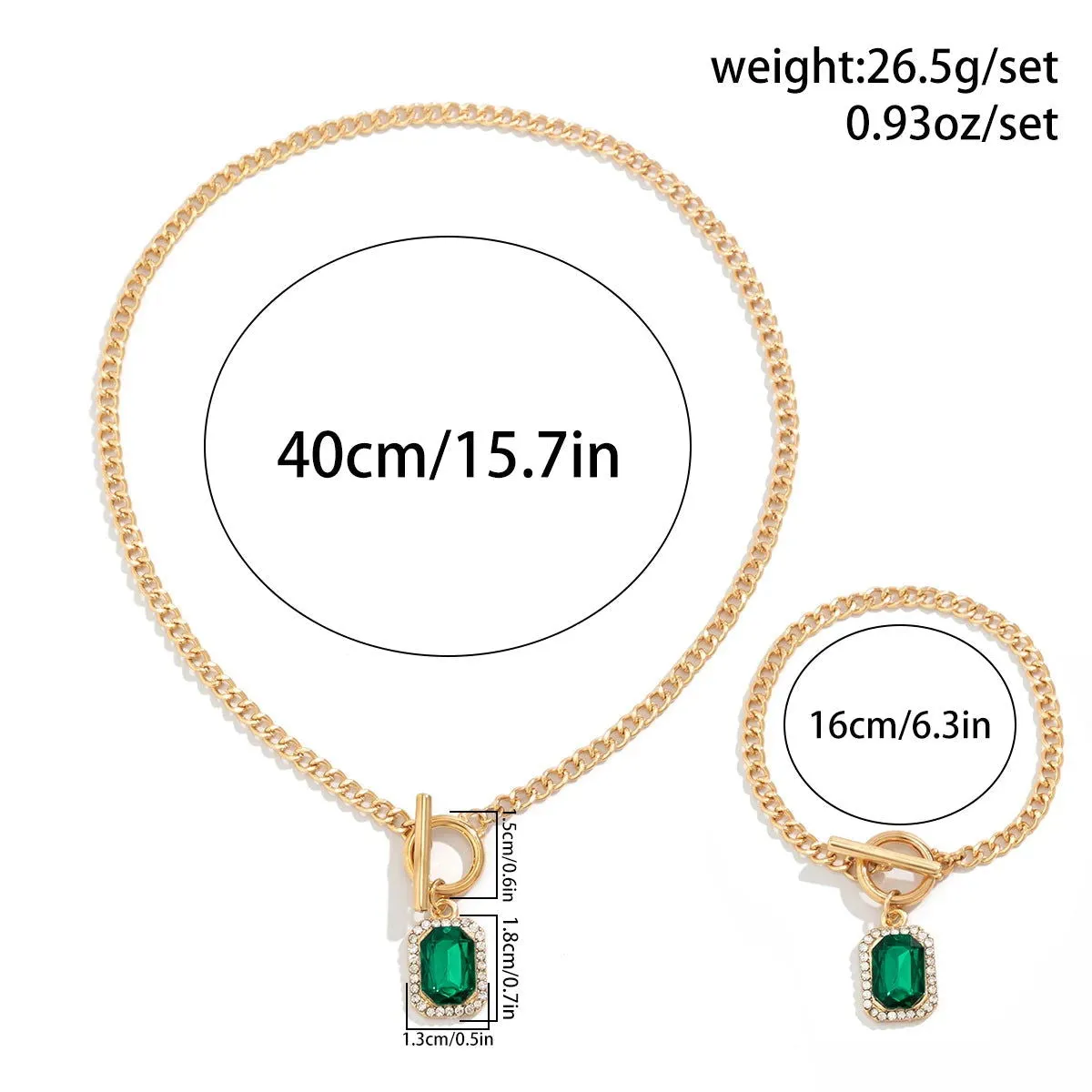 Square Green Crystal Pendant Bracelet With Necklace Set