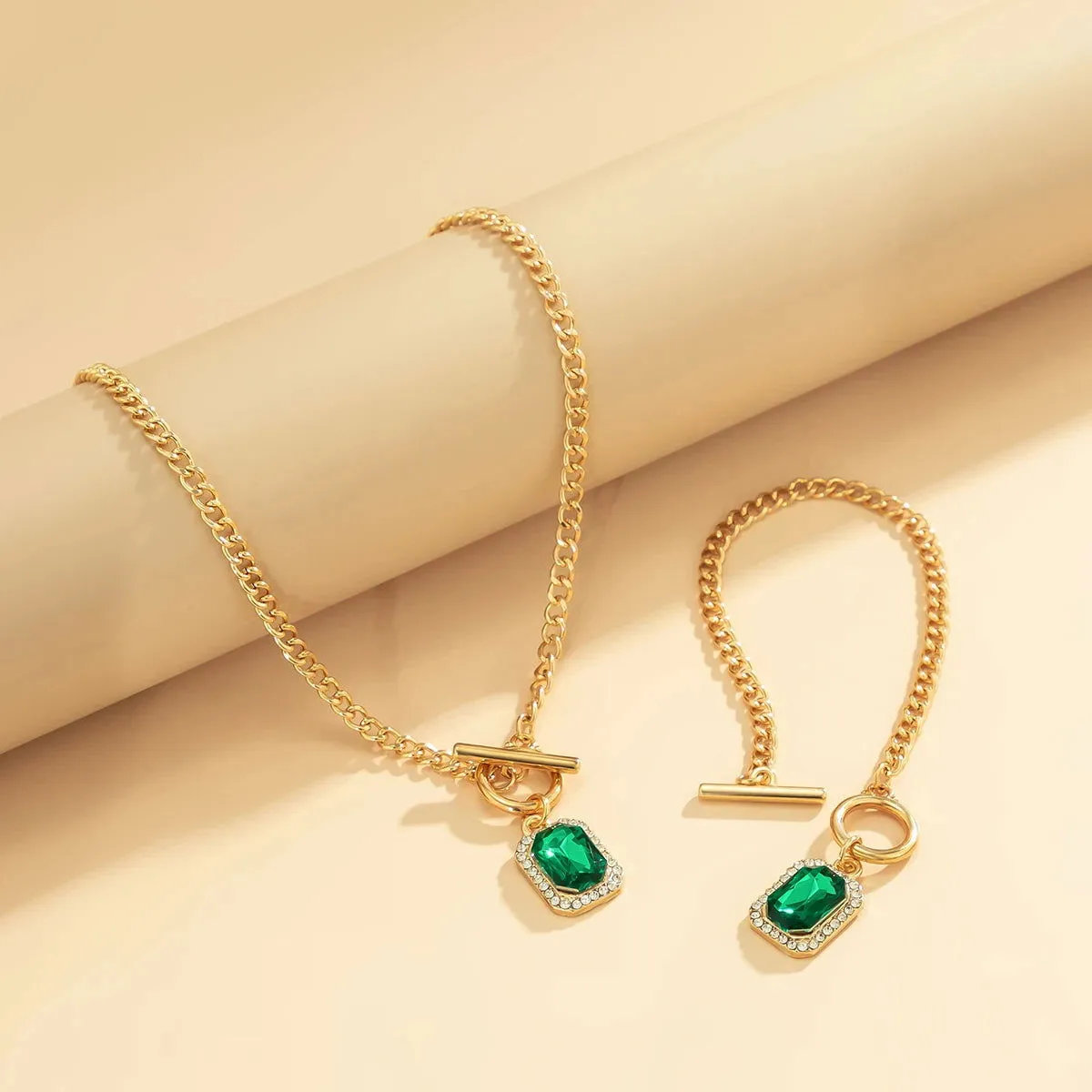 Square Green Crystal Pendant Bracelet With Necklace Set