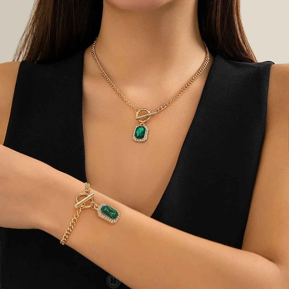 Square Green Crystal Pendant Bracelet With Necklace Set