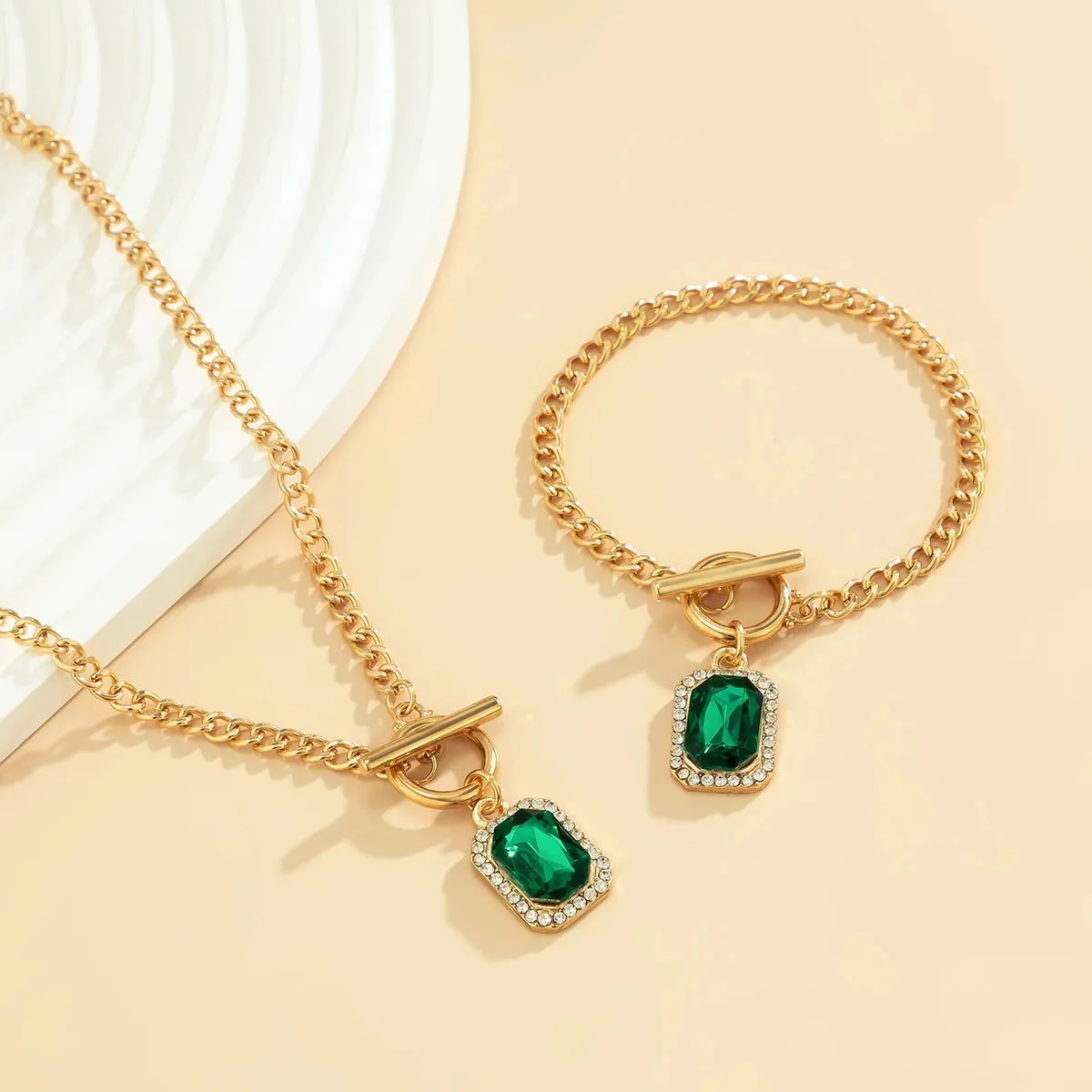 Square Green Crystal Pendant Bracelet With Necklace Set