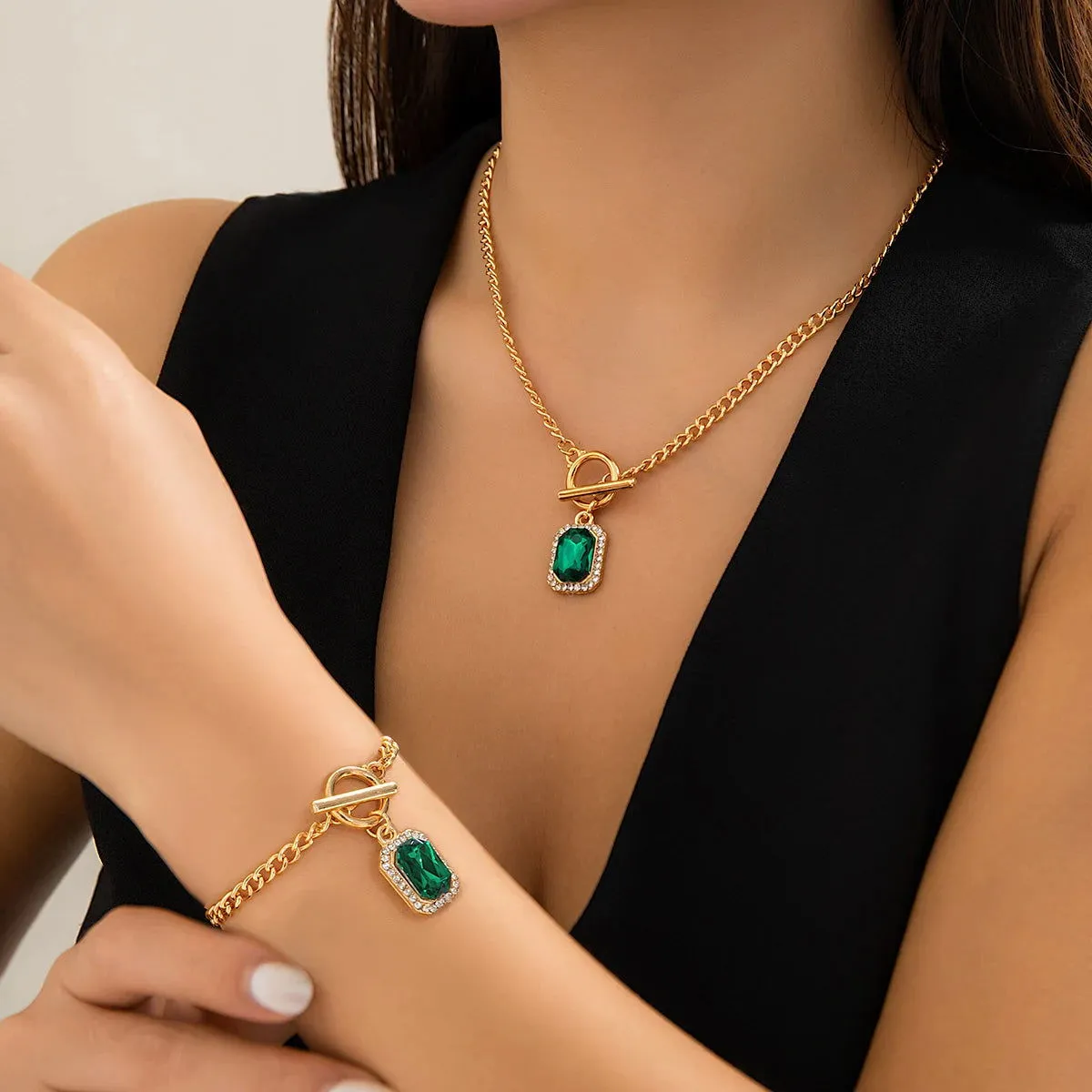 Square Green Crystal Pendant Bracelet With Necklace Set