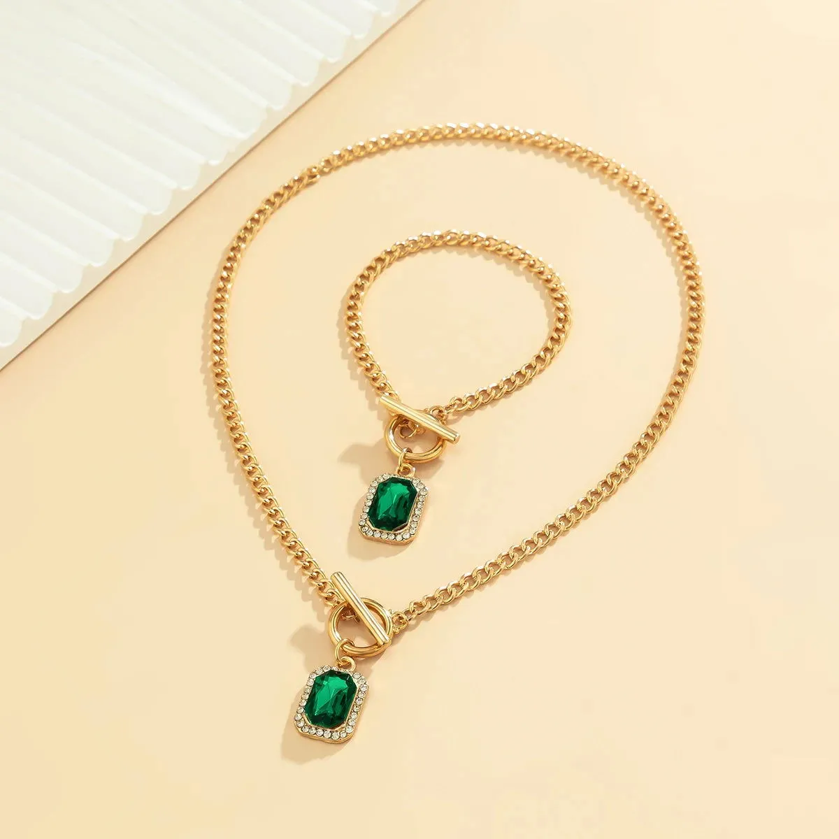 Square Green Crystal Pendant Bracelet With Necklace Set