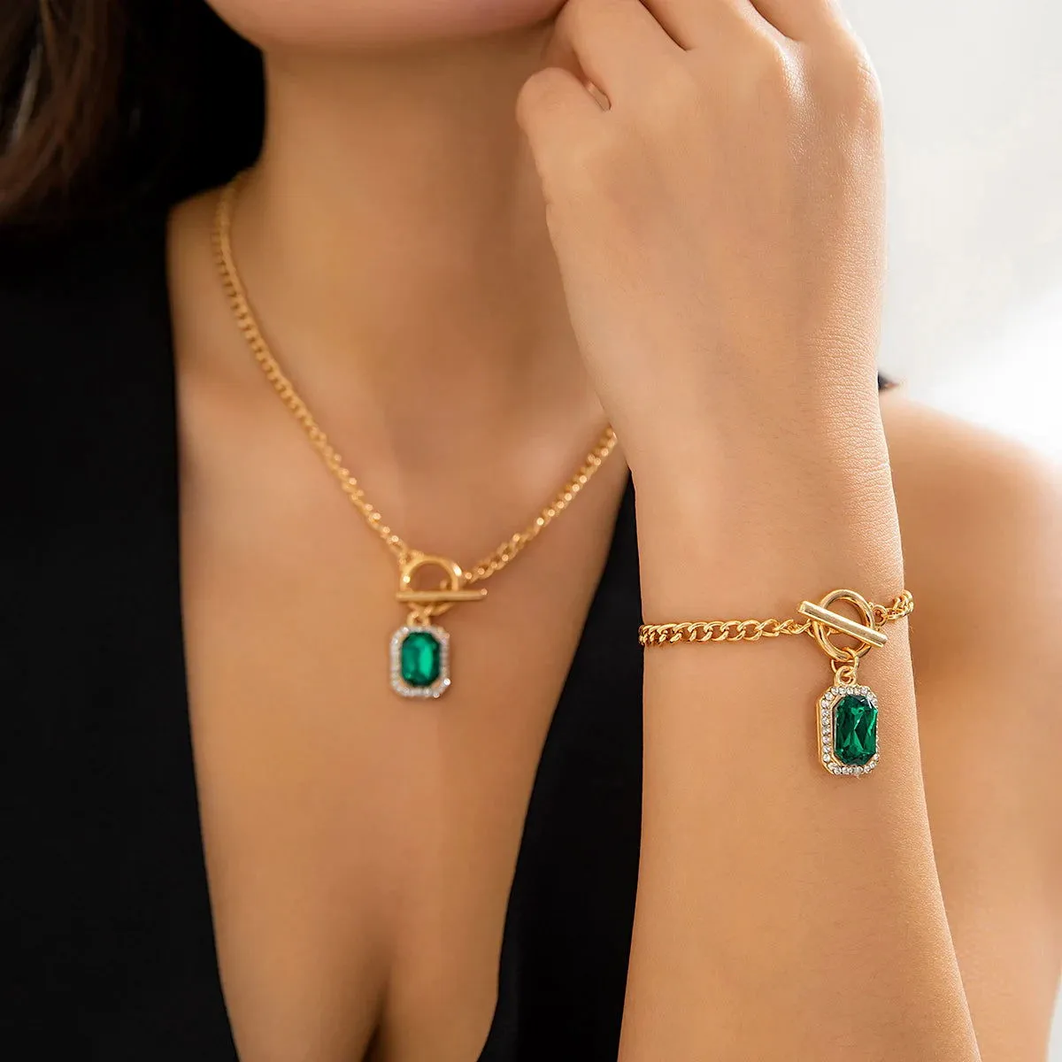 Square Green Crystal Pendant Bracelet With Necklace Set