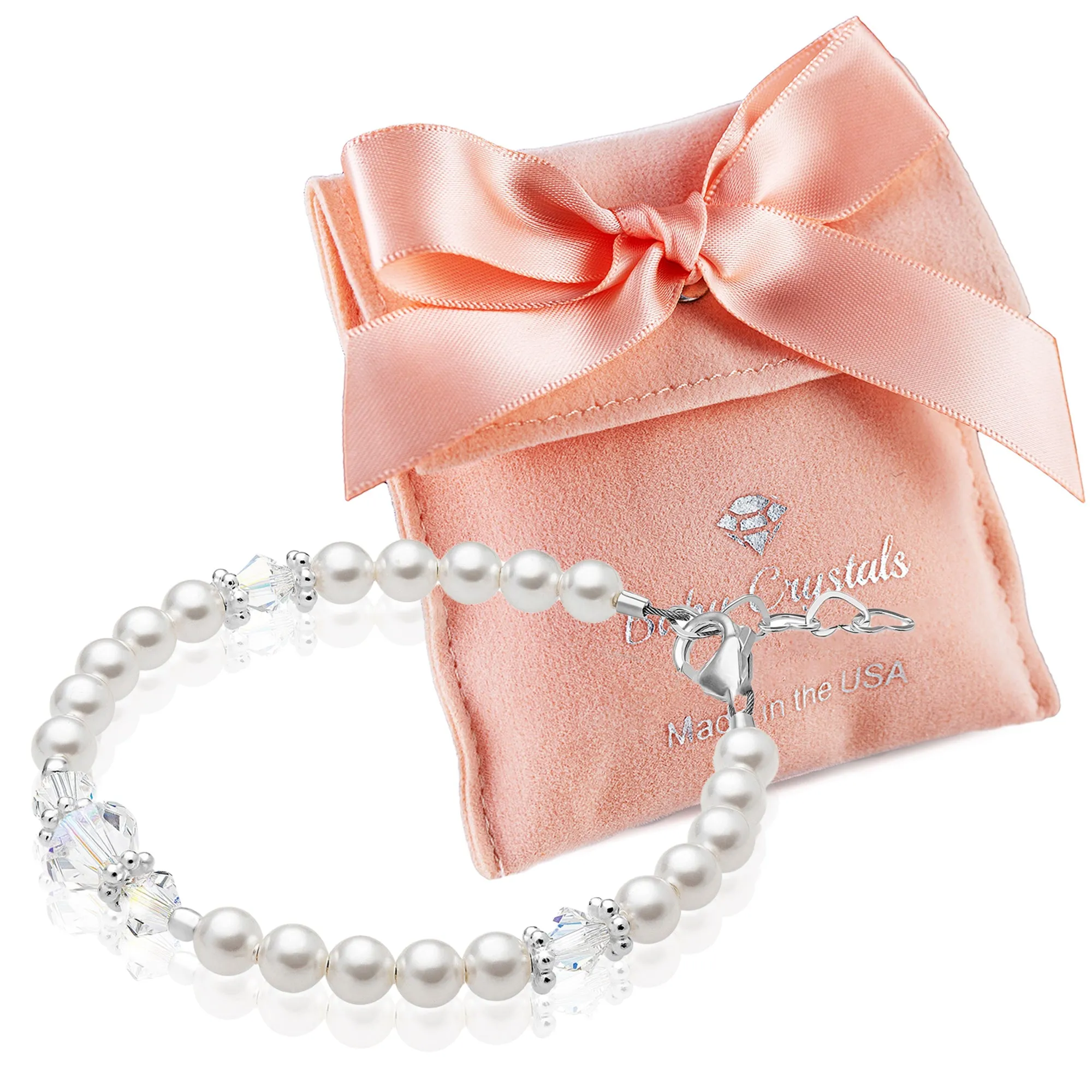 Sterling Silver Bracelet For Girls With Clear Crystals & White Pearls