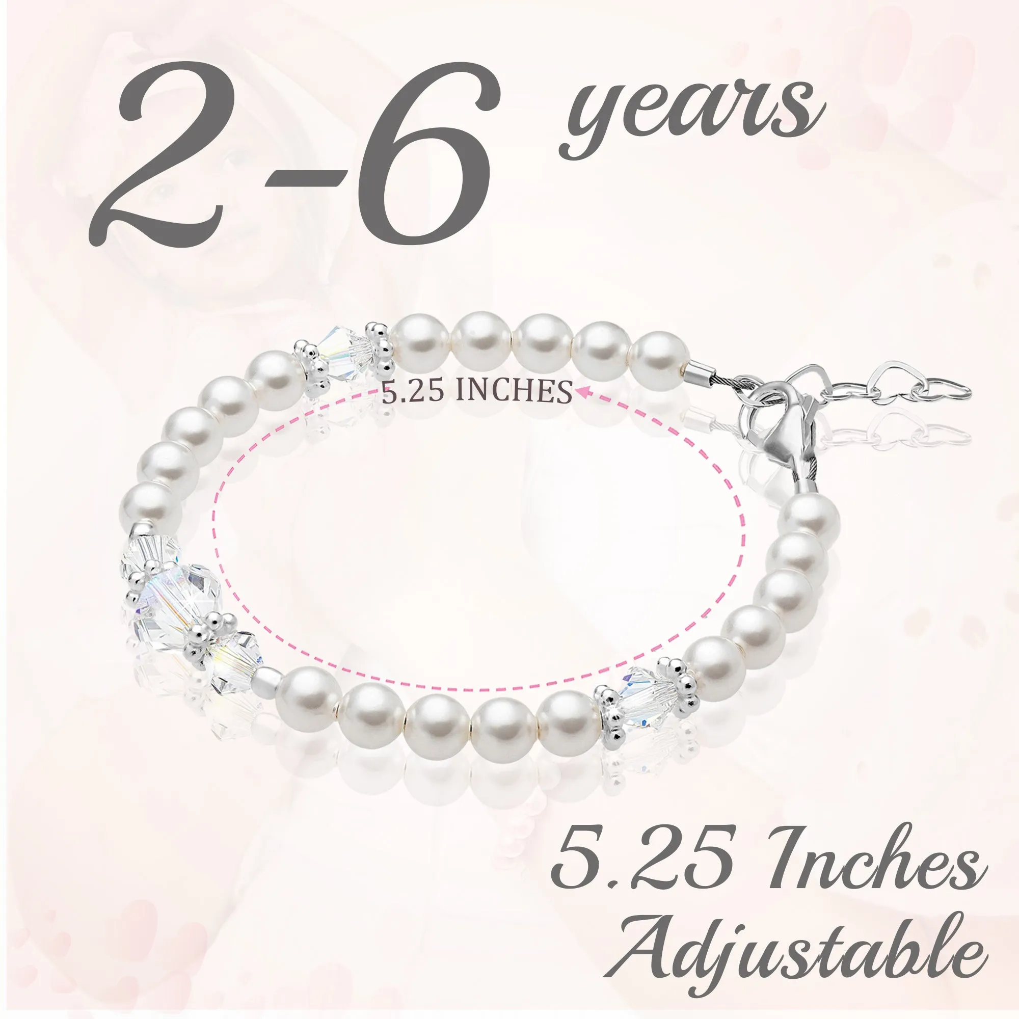 Sterling Silver Bracelet For Girls With Clear Crystals & White Pearls