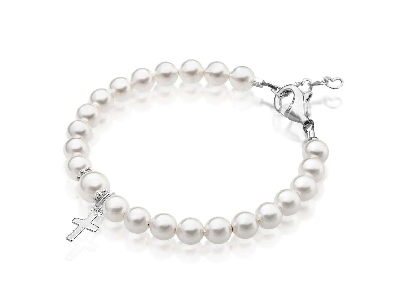 Sterling Silver Cross Charm White Pearl Bracelet for Girls - Christening & Baptism Gifts