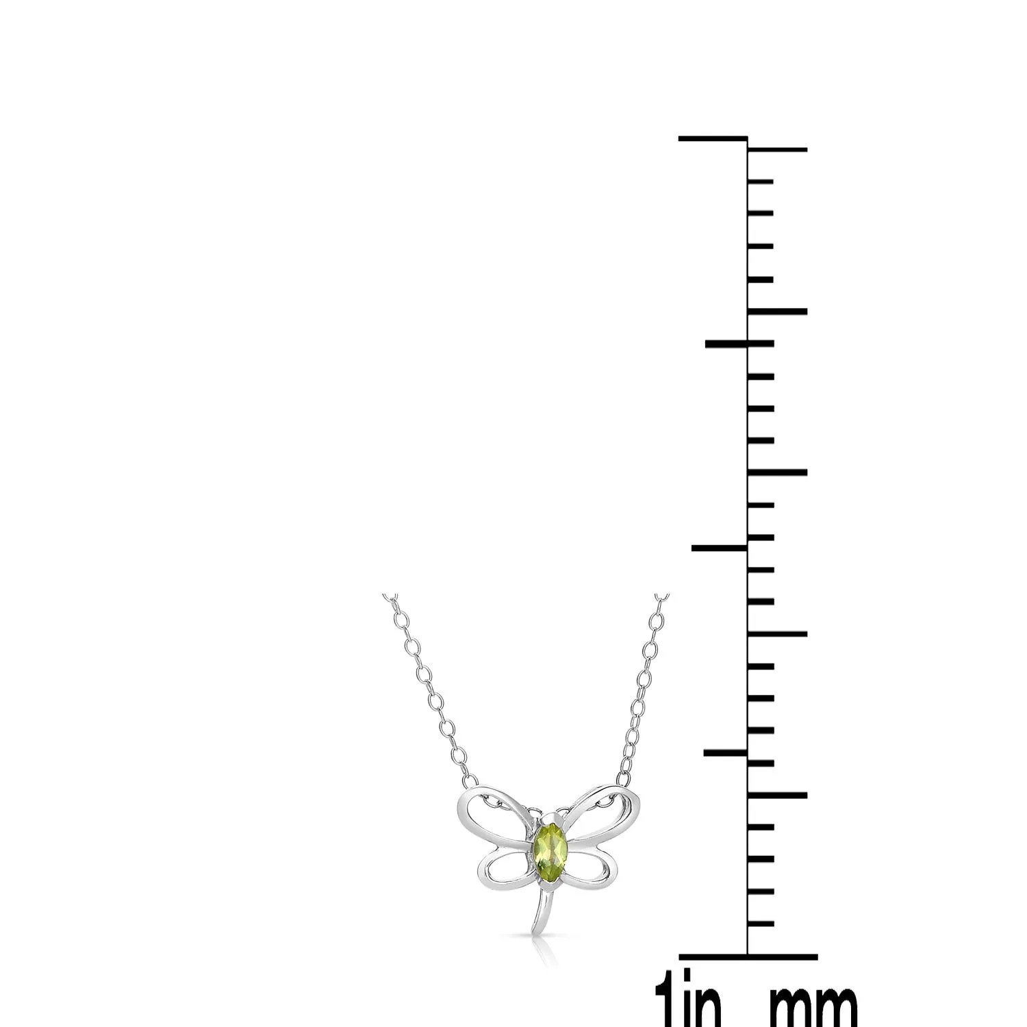 Sterling Silver White Gold Plated with Peridot Tourmaline Gemstone Butterfly Pendant Necklace