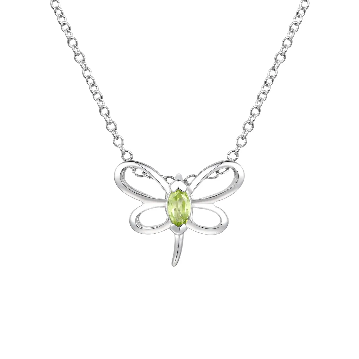 Sterling Silver White Gold Plated with Peridot Tourmaline Gemstone Butterfly Pendant Necklace