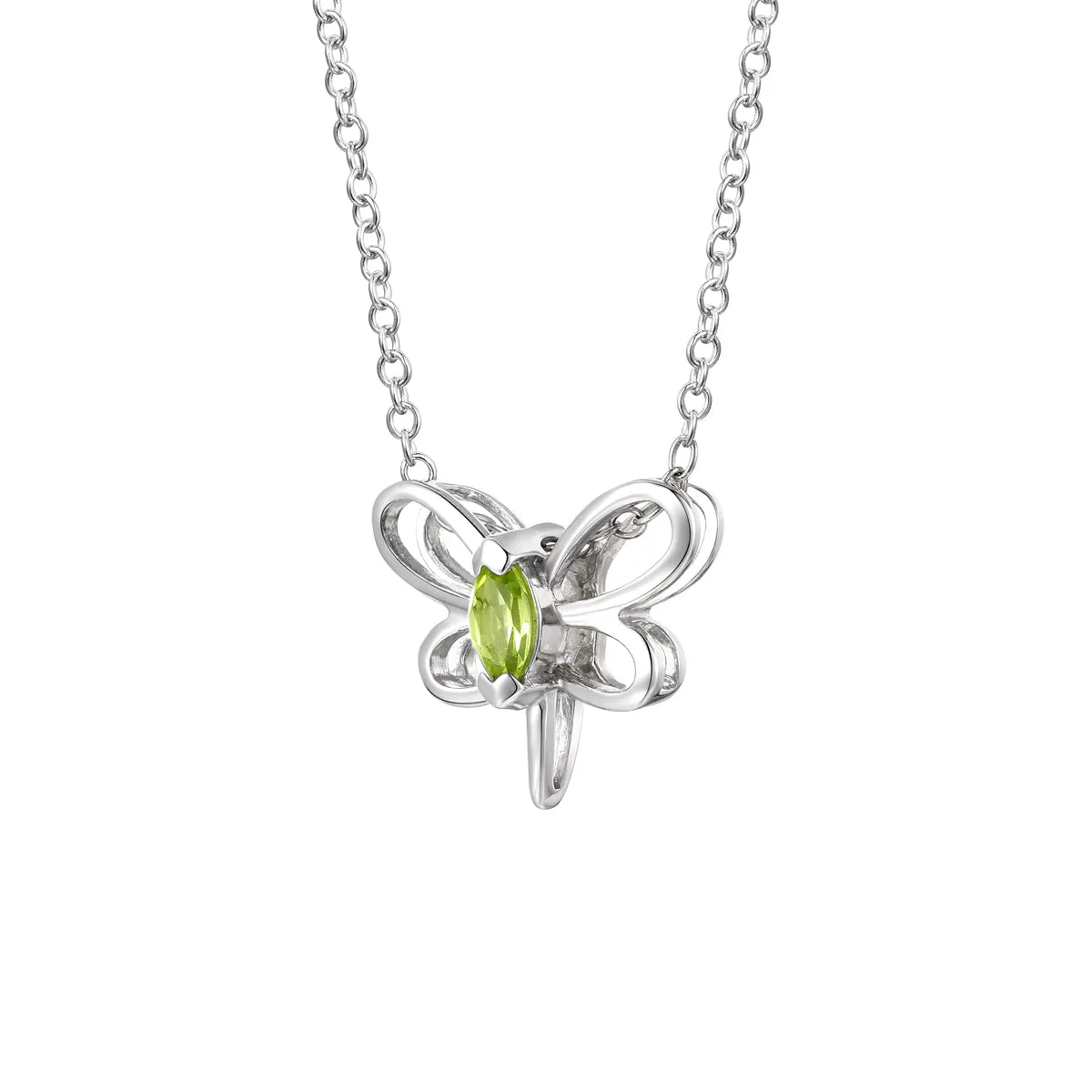 Sterling Silver White Gold Plated with Peridot Tourmaline Gemstone Butterfly Pendant Necklace