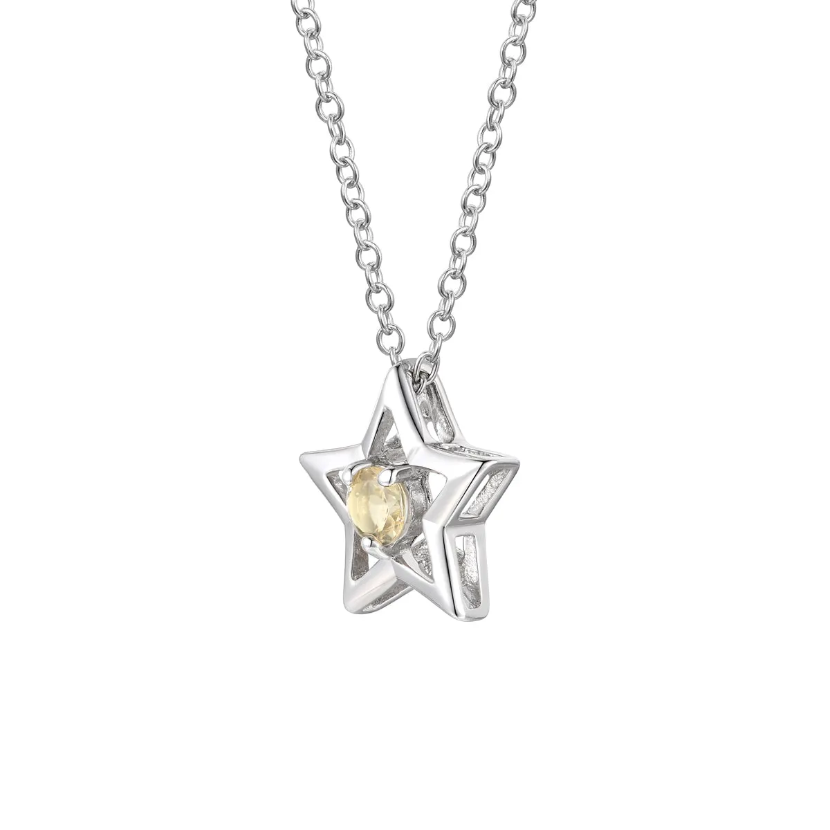 Sterling Silver White Gold Plated with Yellow Tourmaline Gemstone Star Pendant Necklace