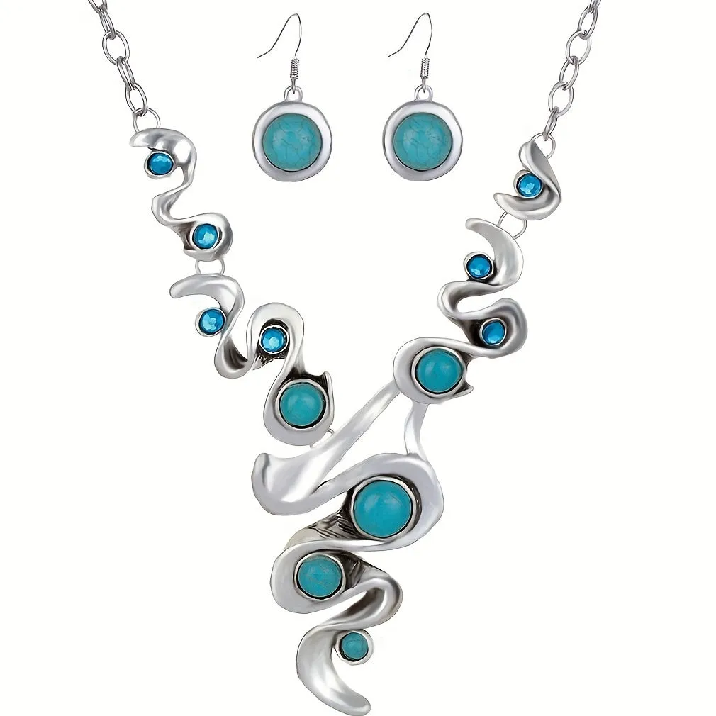 Turquoise Blue Stone Pendant Earrings & Necklace Set