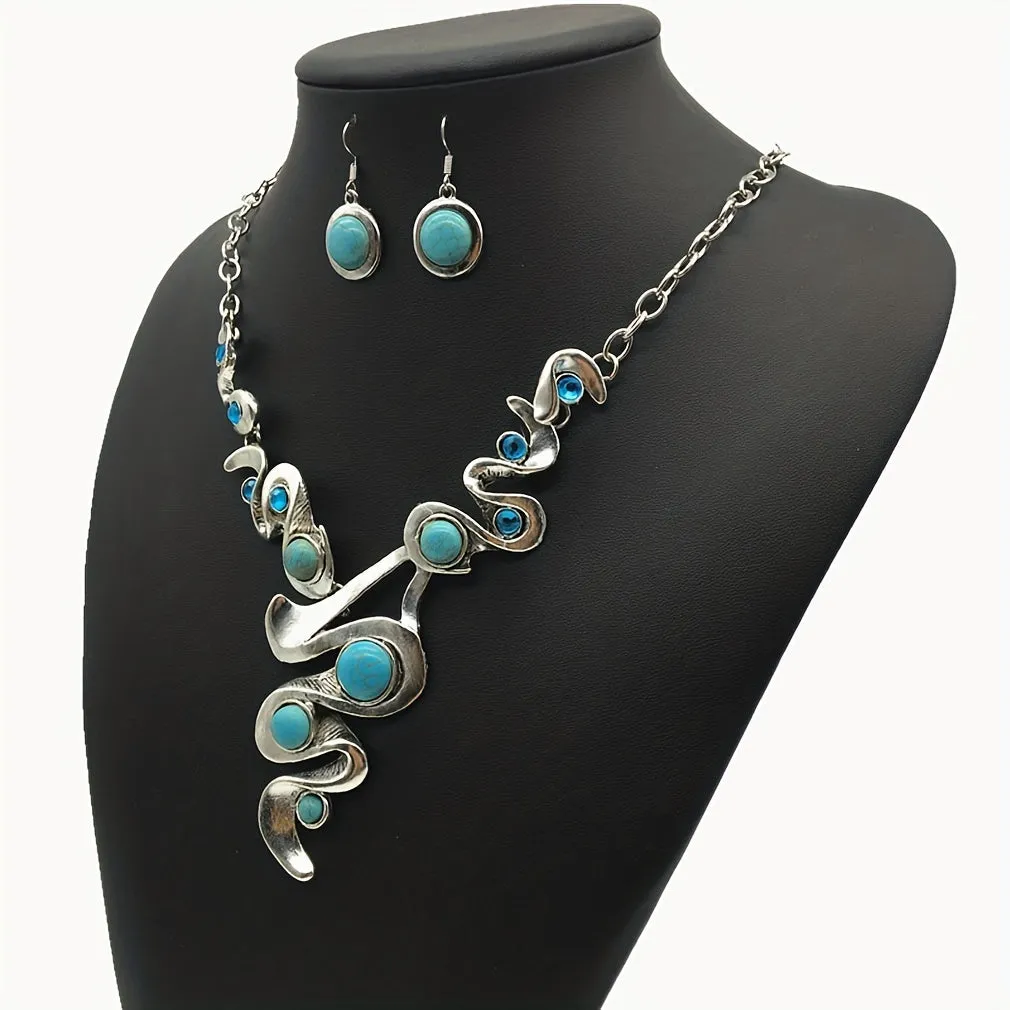 Turquoise Blue Stone Pendant Earrings & Necklace Set