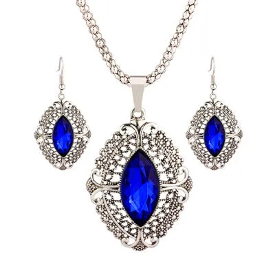 VIVILADY Retro Zinc Alloy Geometric Crystal Wedding Bridal Jewelry Sets Women Pendants Necklaces Earrings Accessories Party Gift