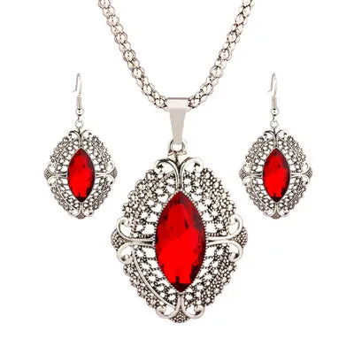 VIVILADY Retro Zinc Alloy Geometric Crystal Wedding Bridal Jewelry Sets Women Pendants Necklaces Earrings Accessories Party Gift