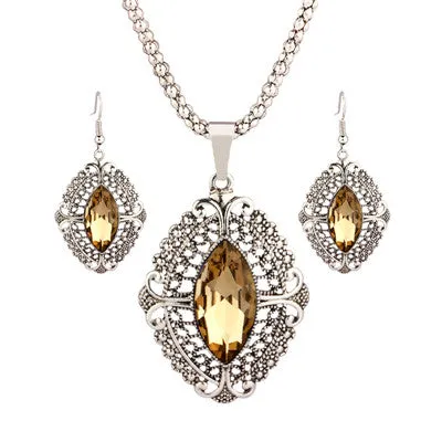 VIVILADY Retro Zinc Alloy Geometric Crystal Wedding Bridal Jewelry Sets Women Pendants Necklaces Earrings Accessories Party Gift