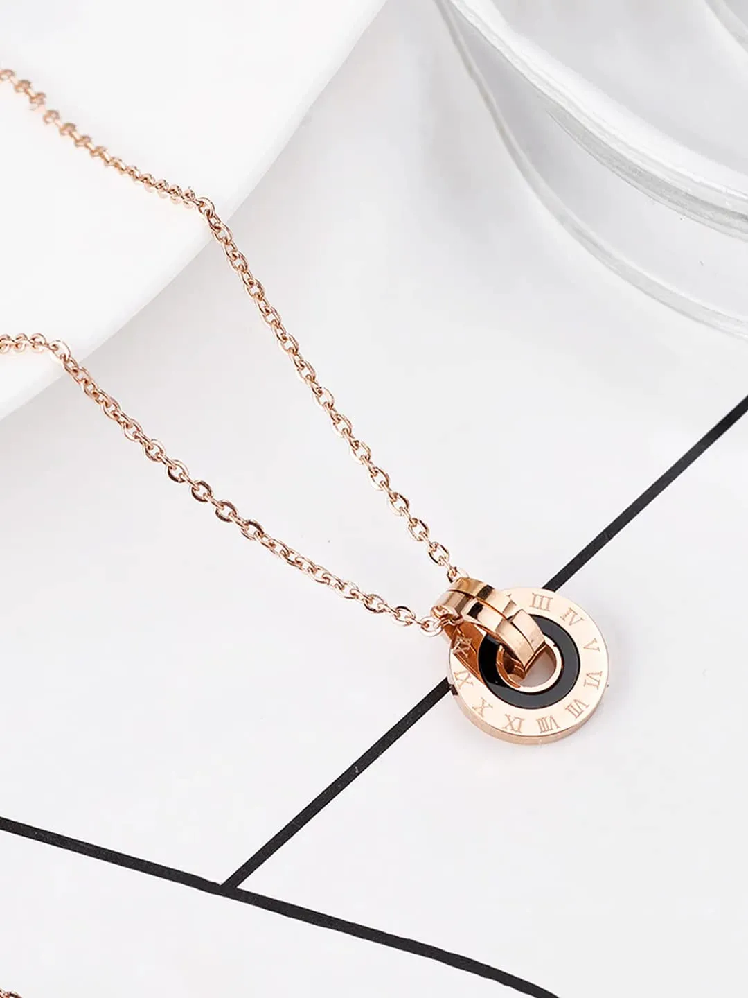 Yellow Chimes Chain Pendant for Women Western Style Rose Gold-Plated Stainless Steel Black Band Ring Pendant Necklace For Women and Girls.