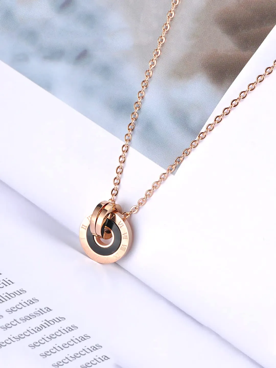 Yellow Chimes Chain Pendant for Women Western Style Rose Gold-Plated Stainless Steel Black Band Ring Pendant Necklace For Women and Girls.