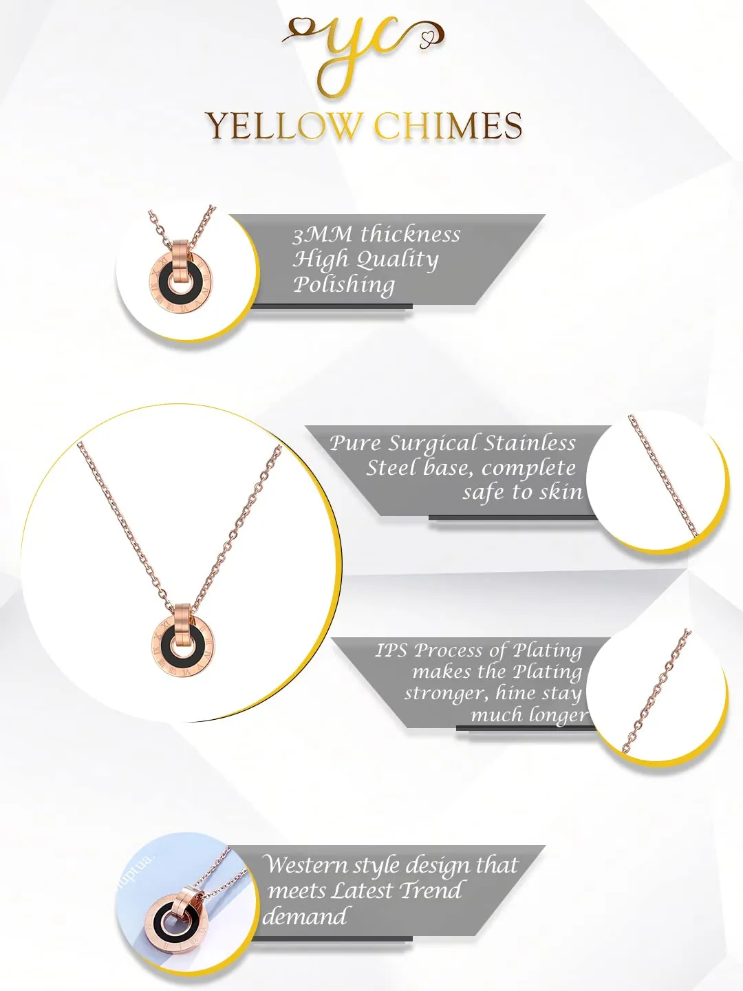 Yellow Chimes Chain Pendant for Women Western Style Rose Gold-Plated Stainless Steel Black Band Ring Pendant Necklace For Women and Girls.