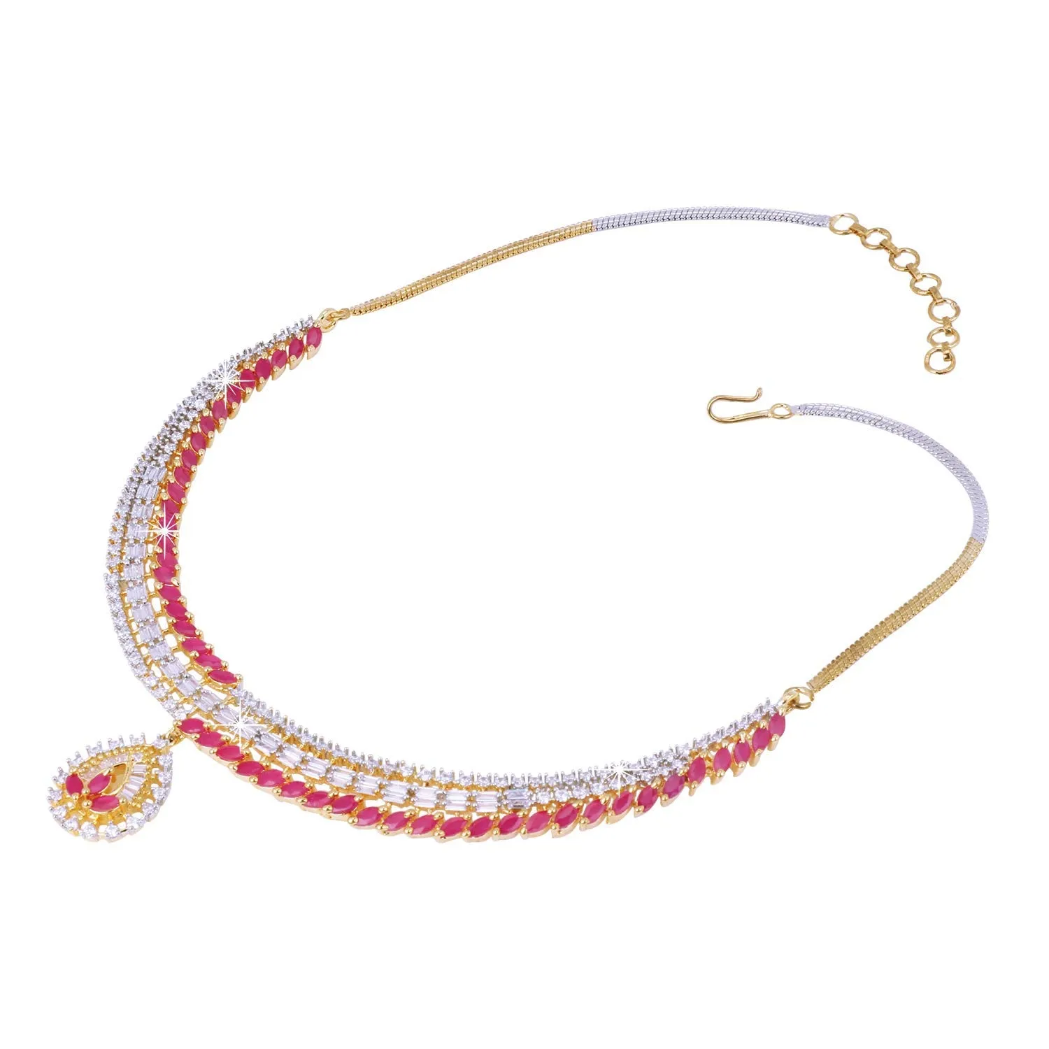 Yellow Chimes Classic Pink AD/American Diamond Studded 18K Gold Plated Designer Choker Necklace Set with Earrings for Women & Girls, Medium (Model: YCADNS-10LEFCRY-PK-ALT)