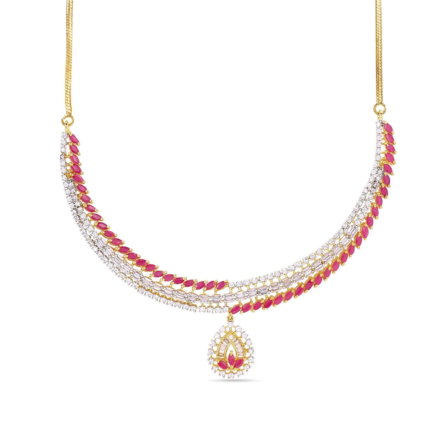 Yellow Chimes Classic Pink AD/American Diamond Studded 18K Gold Plated Designer Choker Necklace Set with Earrings for Women & Girls, Medium (Model: YCADNS-10LEFCRY-PK-ALT)