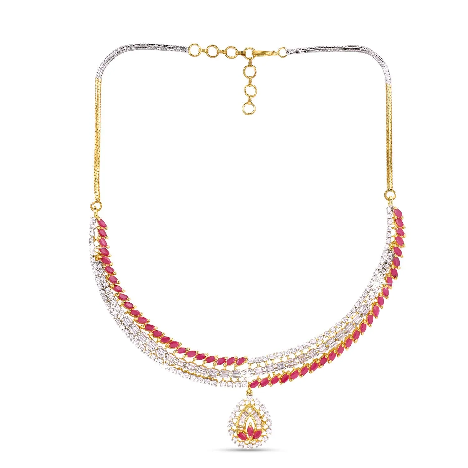 Yellow Chimes Classic Pink AD/American Diamond Studded 18K Gold Plated Designer Choker Necklace Set with Earrings for Women & Girls, Medium (Model: YCADNS-10LEFCRY-PK-ALT)