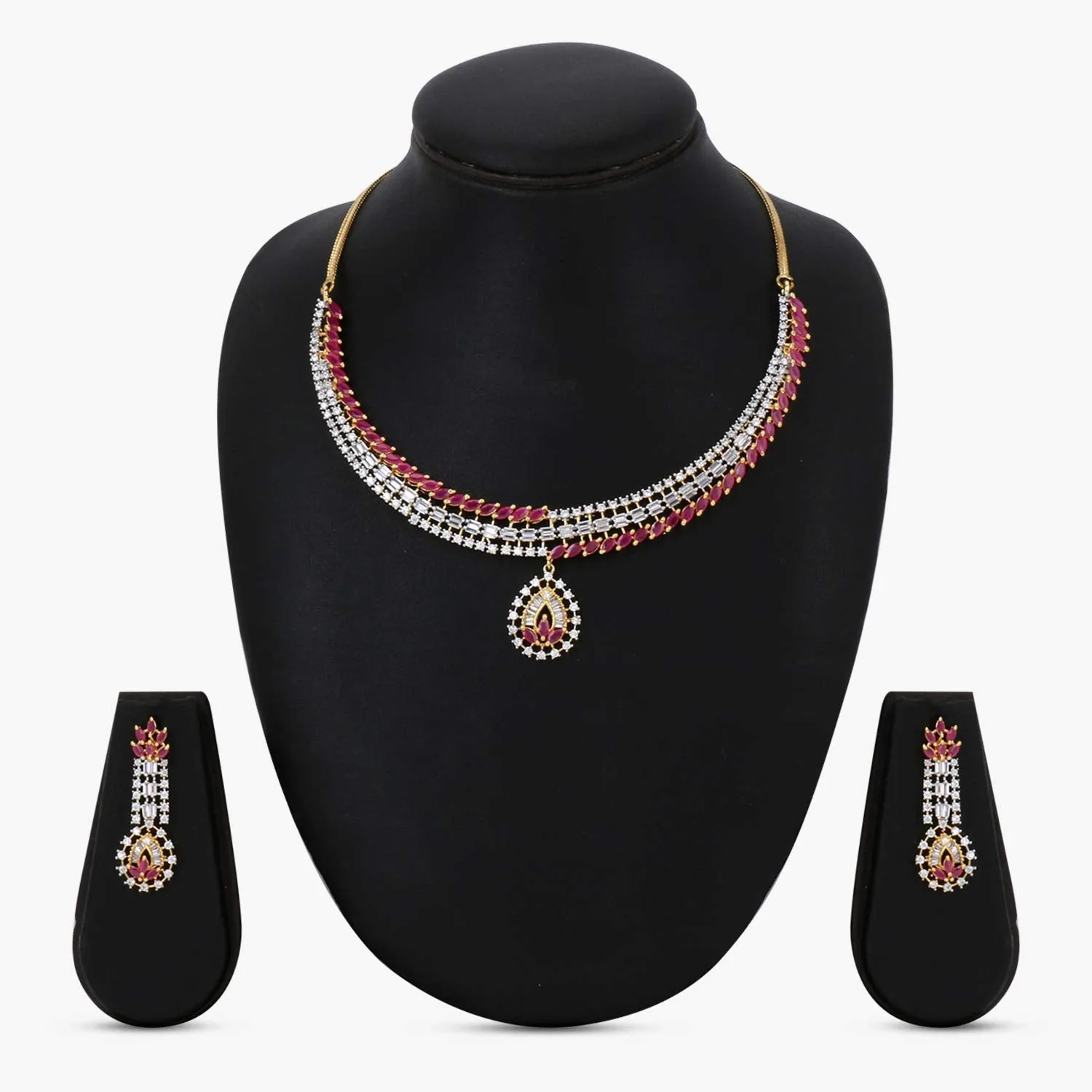 Yellow Chimes Classic Pink AD/American Diamond Studded 18K Gold Plated Designer Choker Necklace Set with Earrings for Women & Girls, Medium (Model: YCADNS-10LEFCRY-PK-ALT)